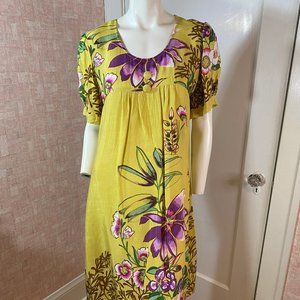 Pura Vida Yellow & Purple Floral Print Short Sleeve Summer Dress sz 12